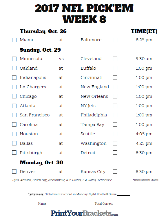 Printable Week 8 NFL Schedule Pick Em Sheets Nfl Nfl 
