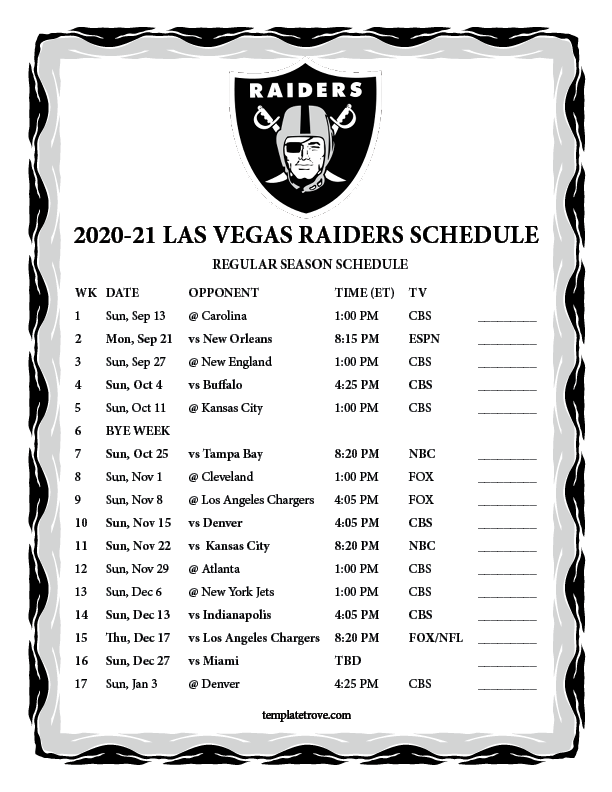 Raiders Printable Schedule - Printable World Holiday