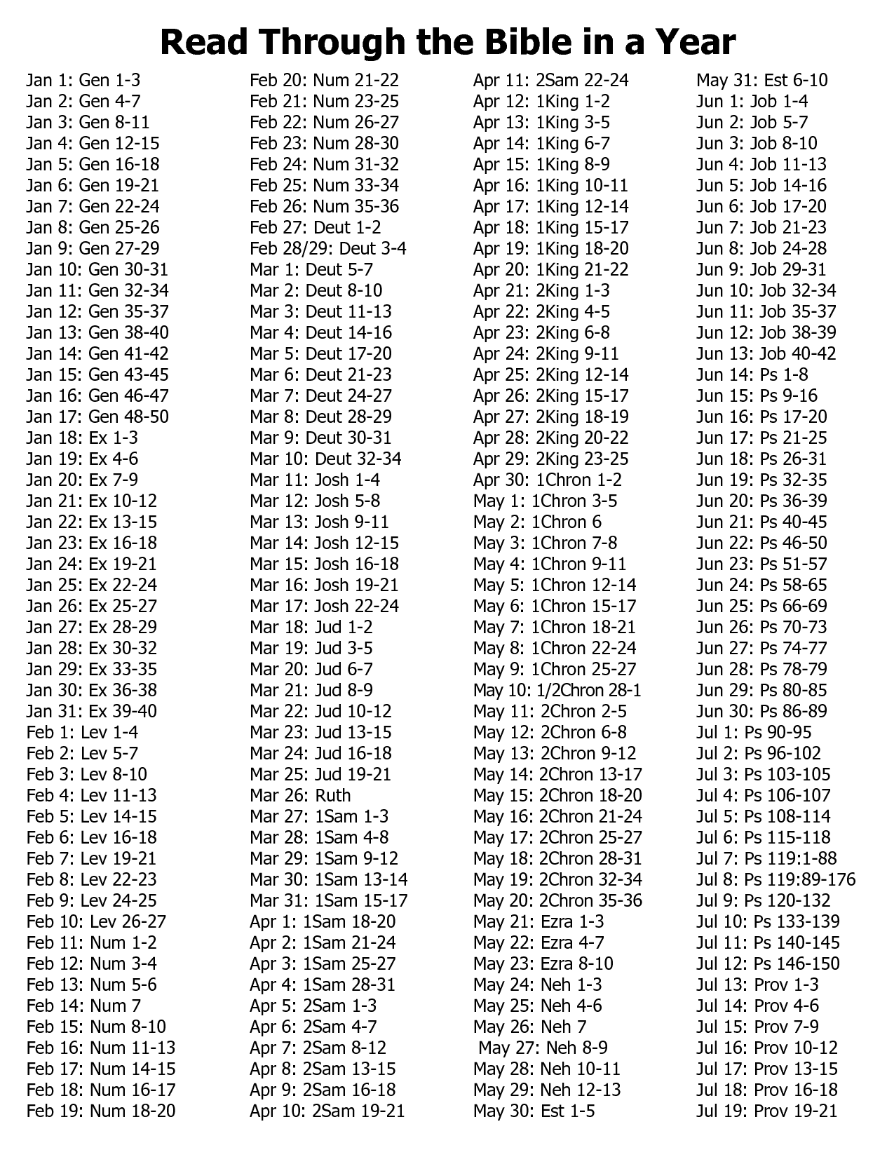 Printable Schedule To Read The Bible In A Year