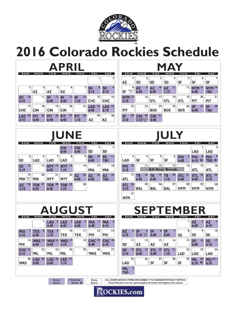 Printable Rockies Schedule
