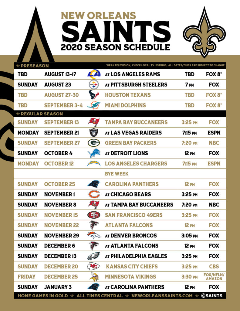 Saints 2020 Games Include 4 Prime Time Match Ups See The