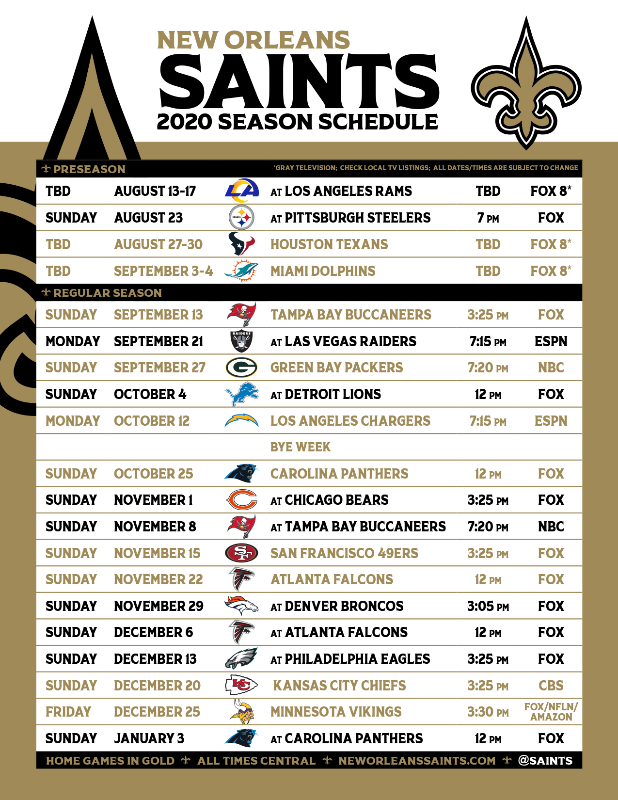 Saints 2020 Games Include 4 Prime Time Match ups See The 