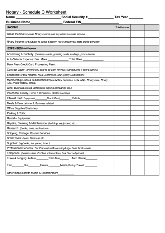 Schedule C Worksheet Printable Pdf Download