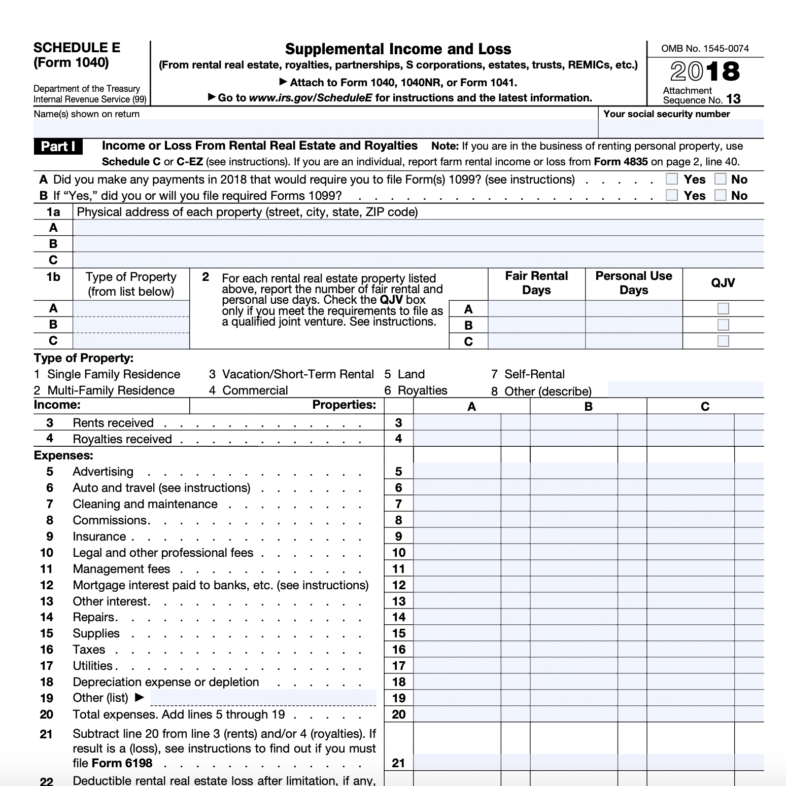 Schedule E Form 1040 Excel 1040 Form Printable