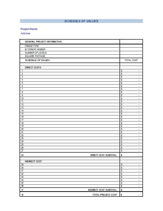 Schedule Of Values Template Printable Receipt Template