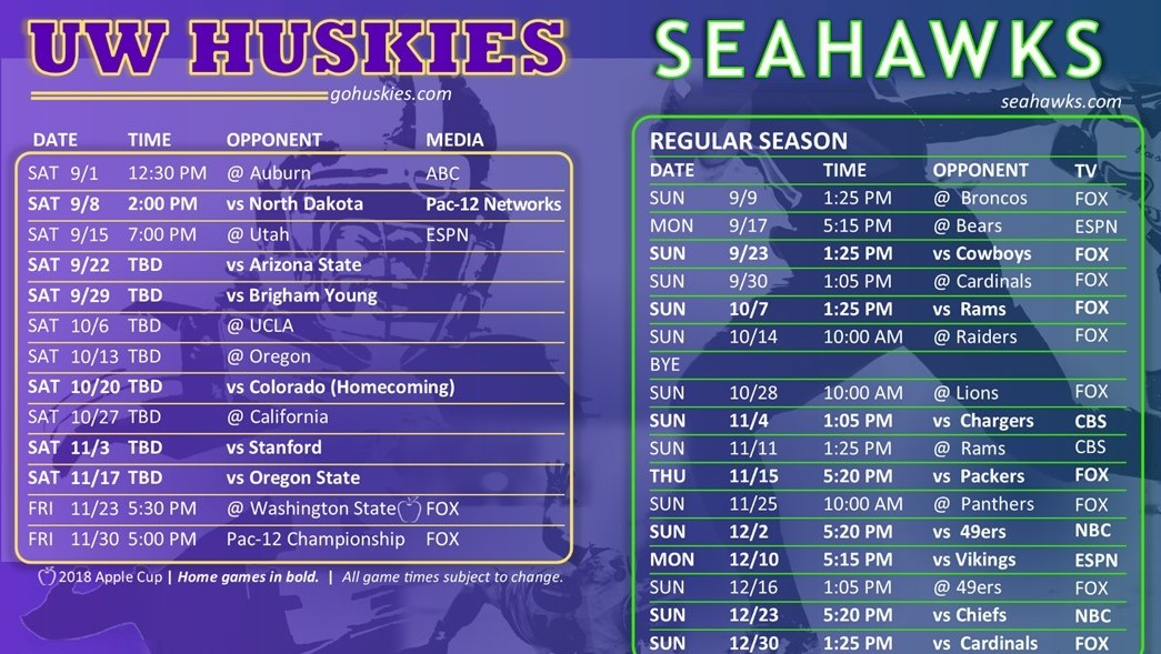 Seahawks And Husky Football Schedules