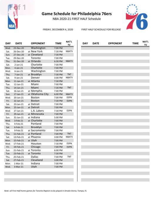 Sixers Release First half Schedule For 2020 21 Season 