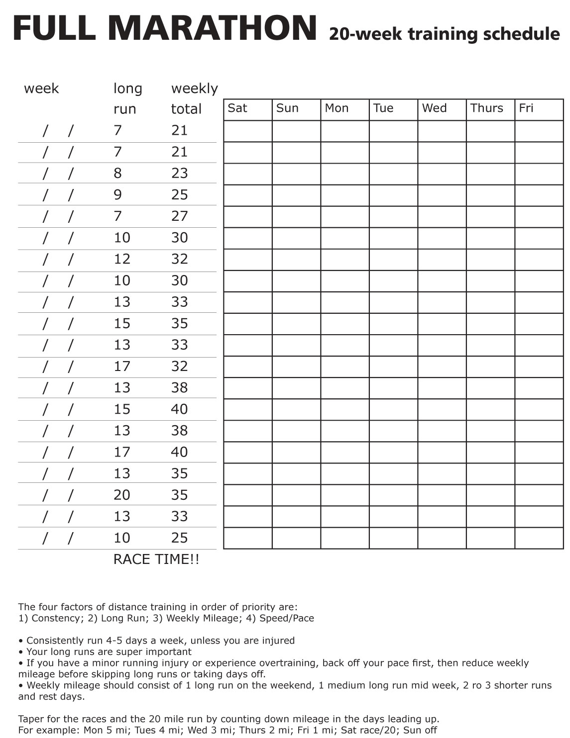 Sole Saints 20 week Training Schedule For A Full Marathon