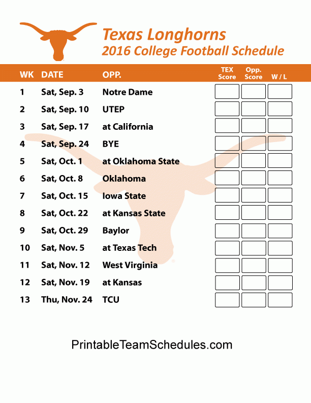 Texas Longhorns Football Schedule 2016 Printable Schedule 