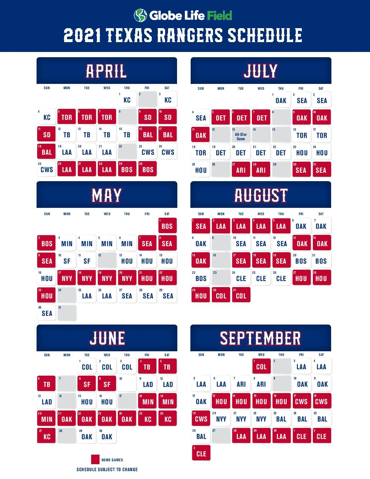 Texas Rangers Announce 2025 Regular Season Schedule