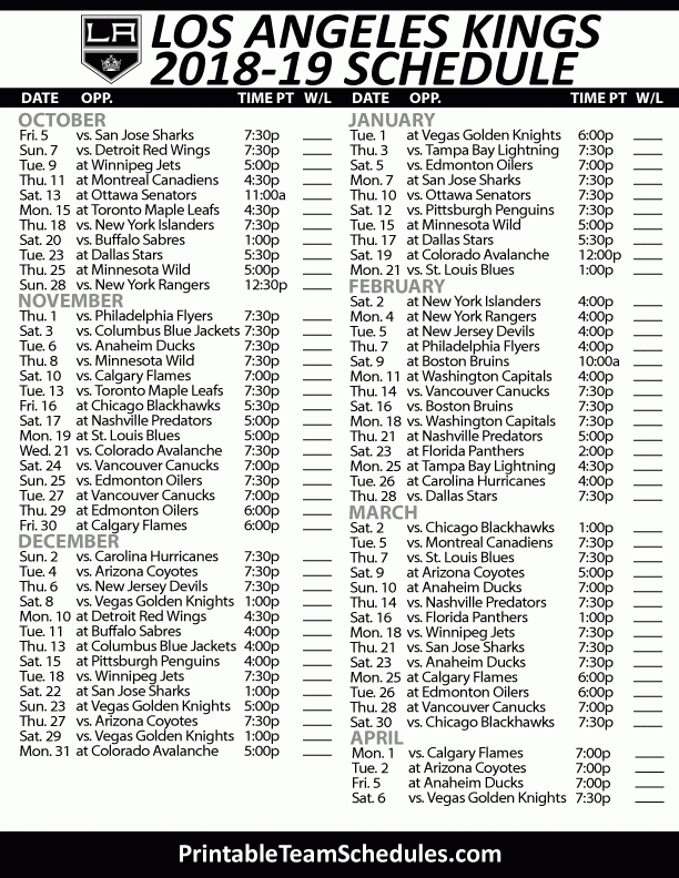 La Kings Schedule 2021 2022 Printable