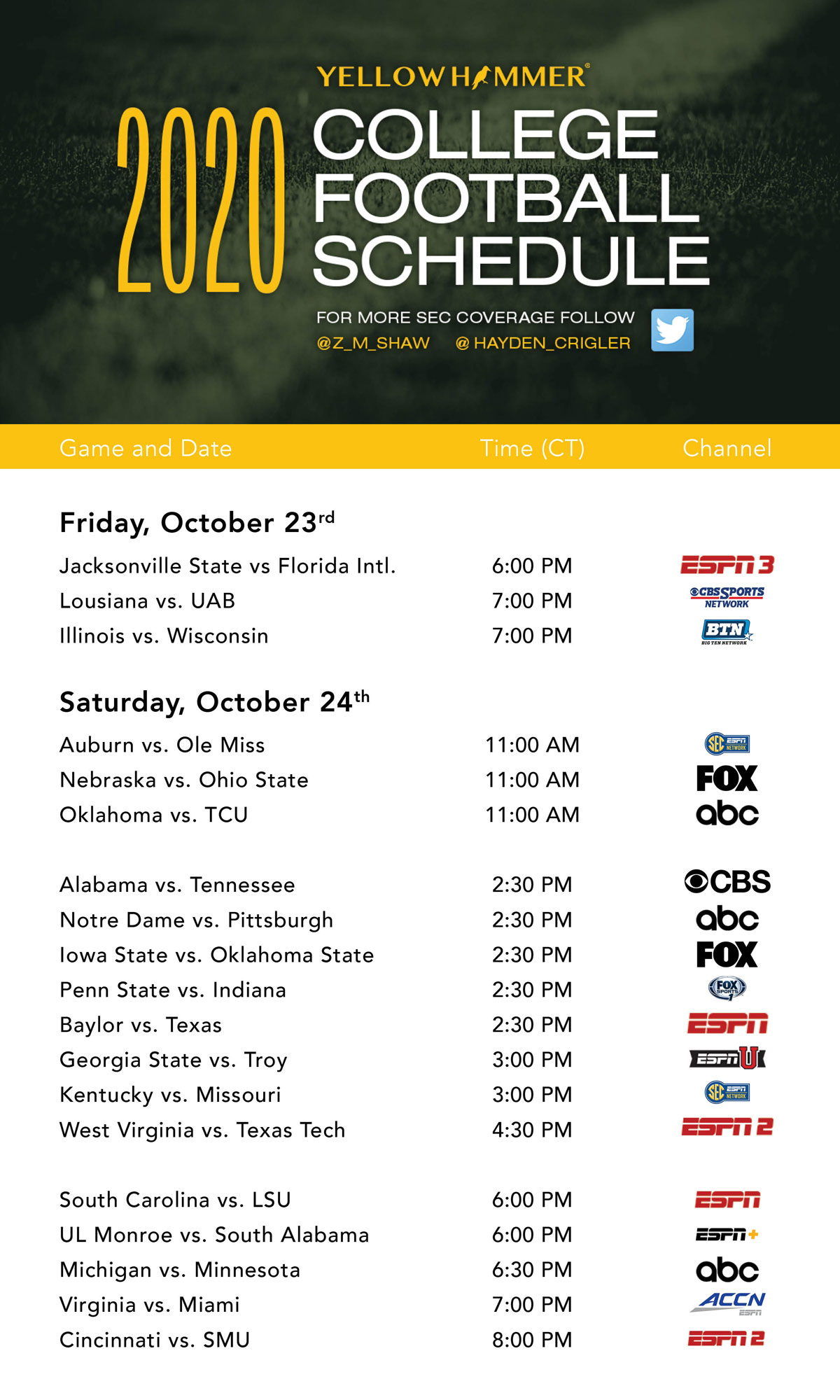 This Weekend s College Football TV Schedule Yellowhammer 
