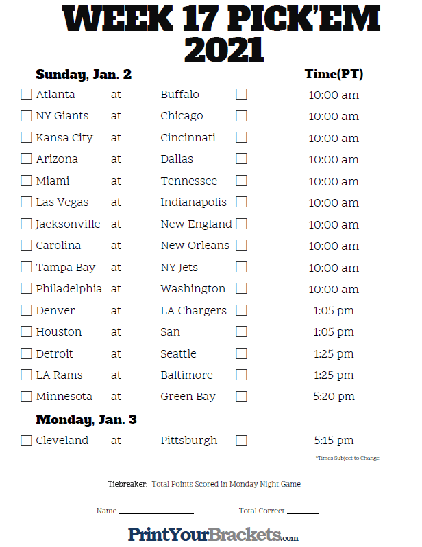 Top Nfl Week 17 Schedule Printable Collins Blog