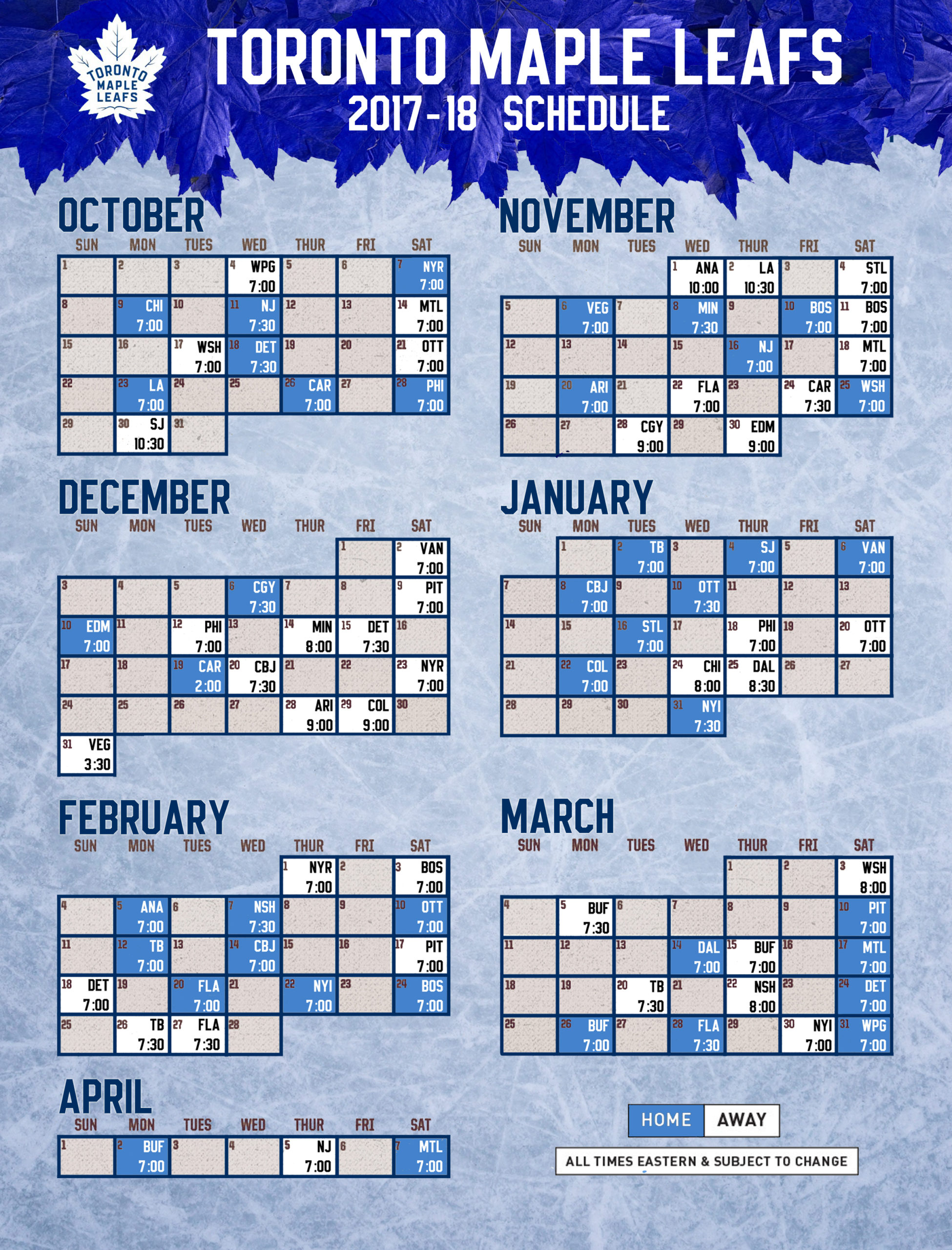 Toronto Maple Leafs 17 18 Printable Schedule Leafs