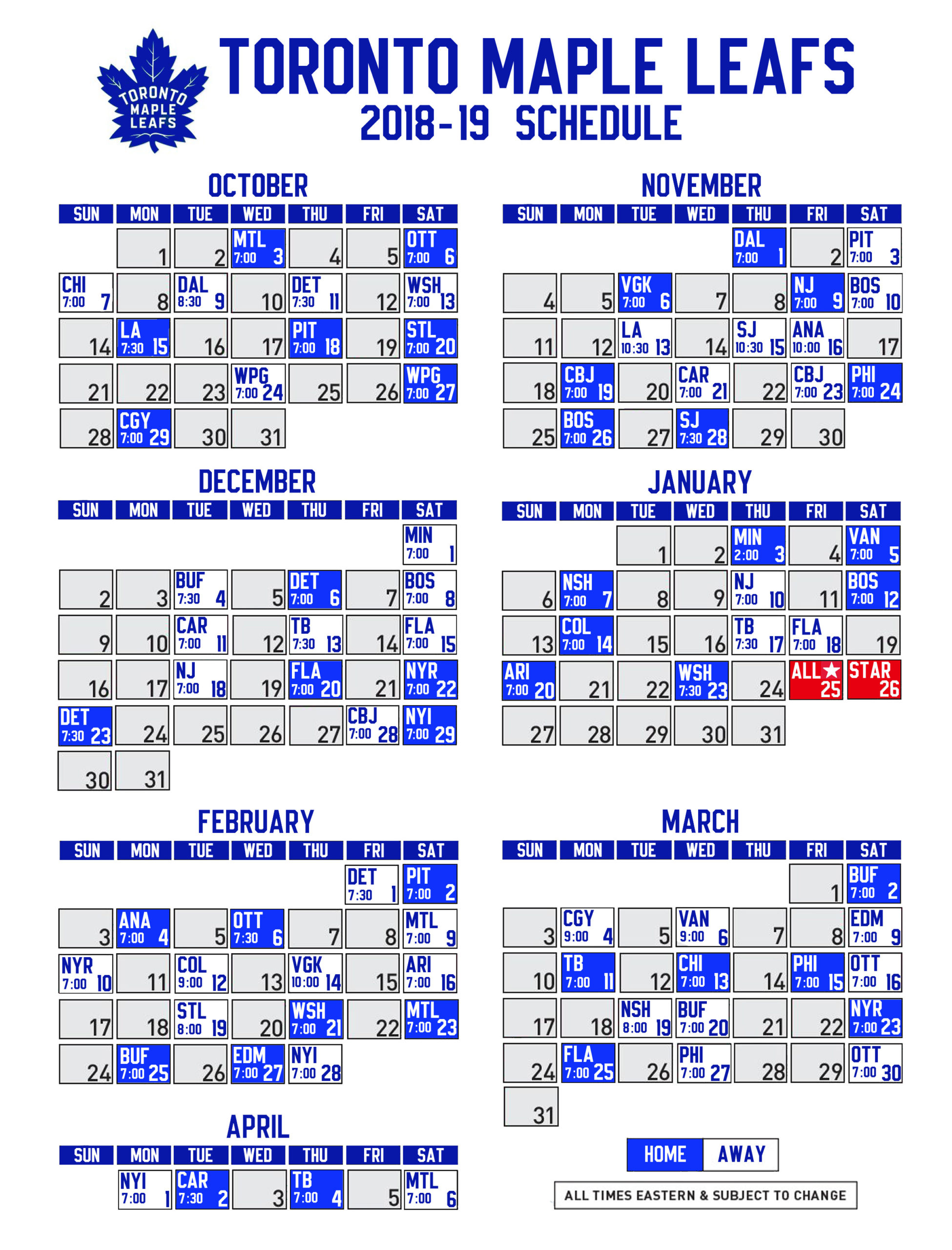 Toronto Maple Leafs 2018 19 Printable Schedule Leafs