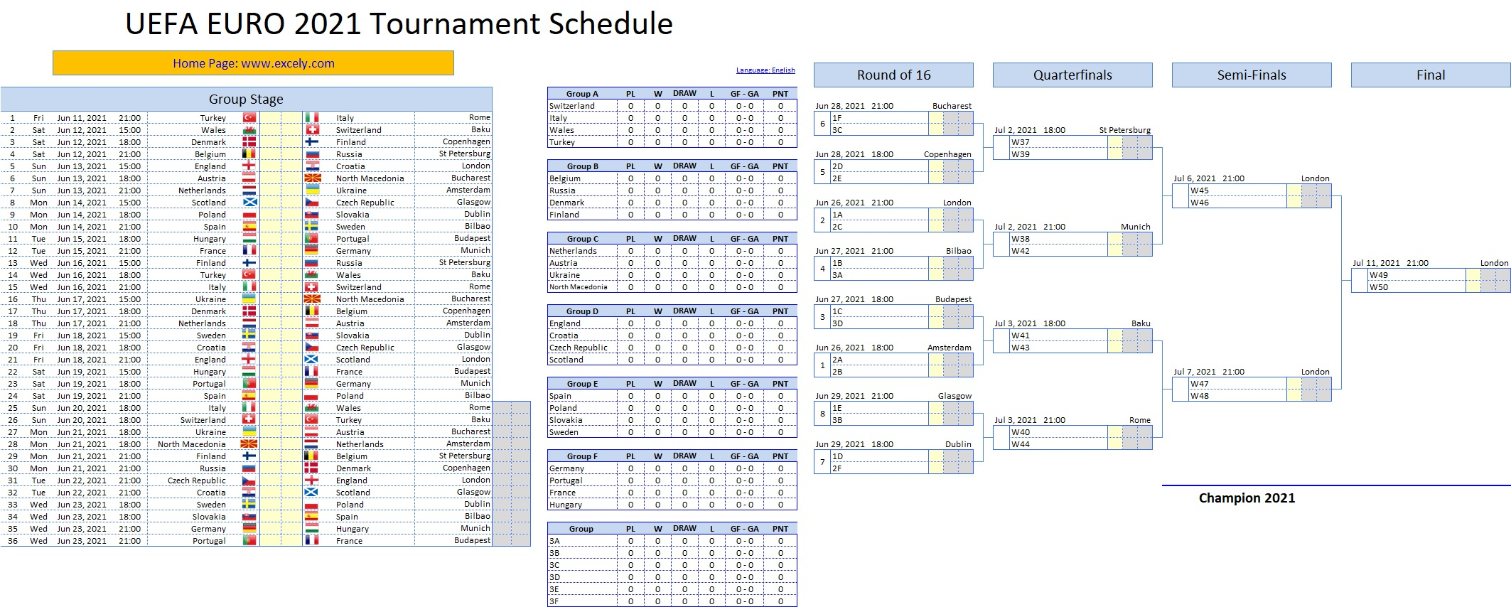 UEFA EURO 2020 2025 Schedule Excel Template Excel VBA 