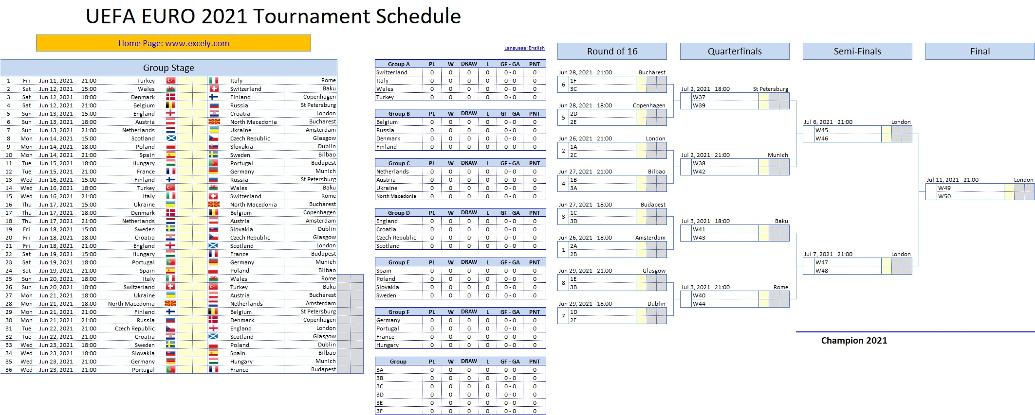 UEFA EURO 2020 2021 Schedule Excel Template Excel VBA 