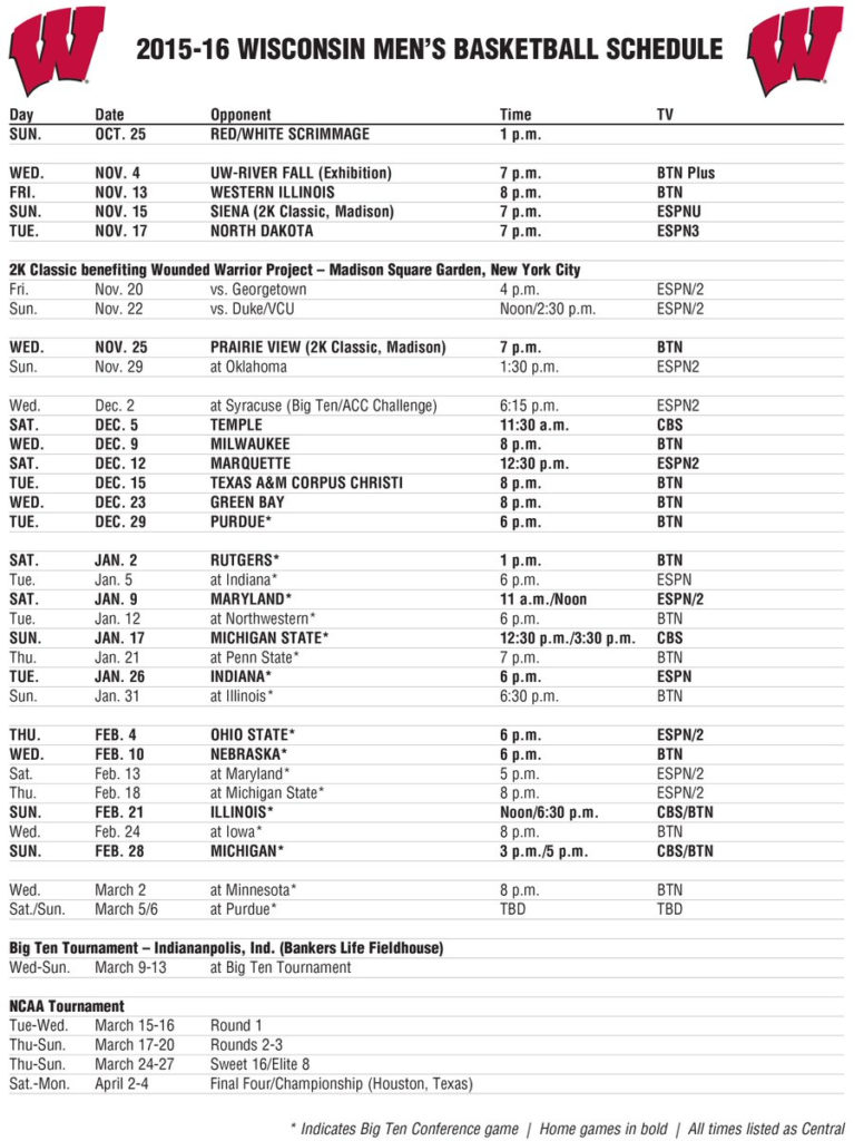 Wisconsin Badgers Basketball Schedule 2021 Printable FreePrintableTM