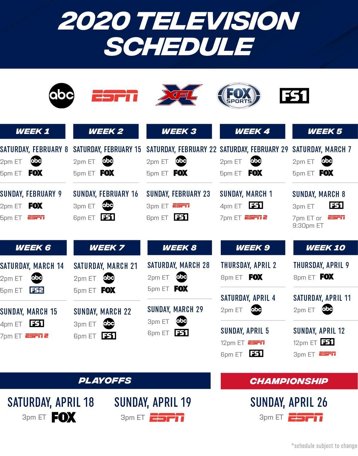 XFL 2020 Schedule All Times And Networks Listed 
