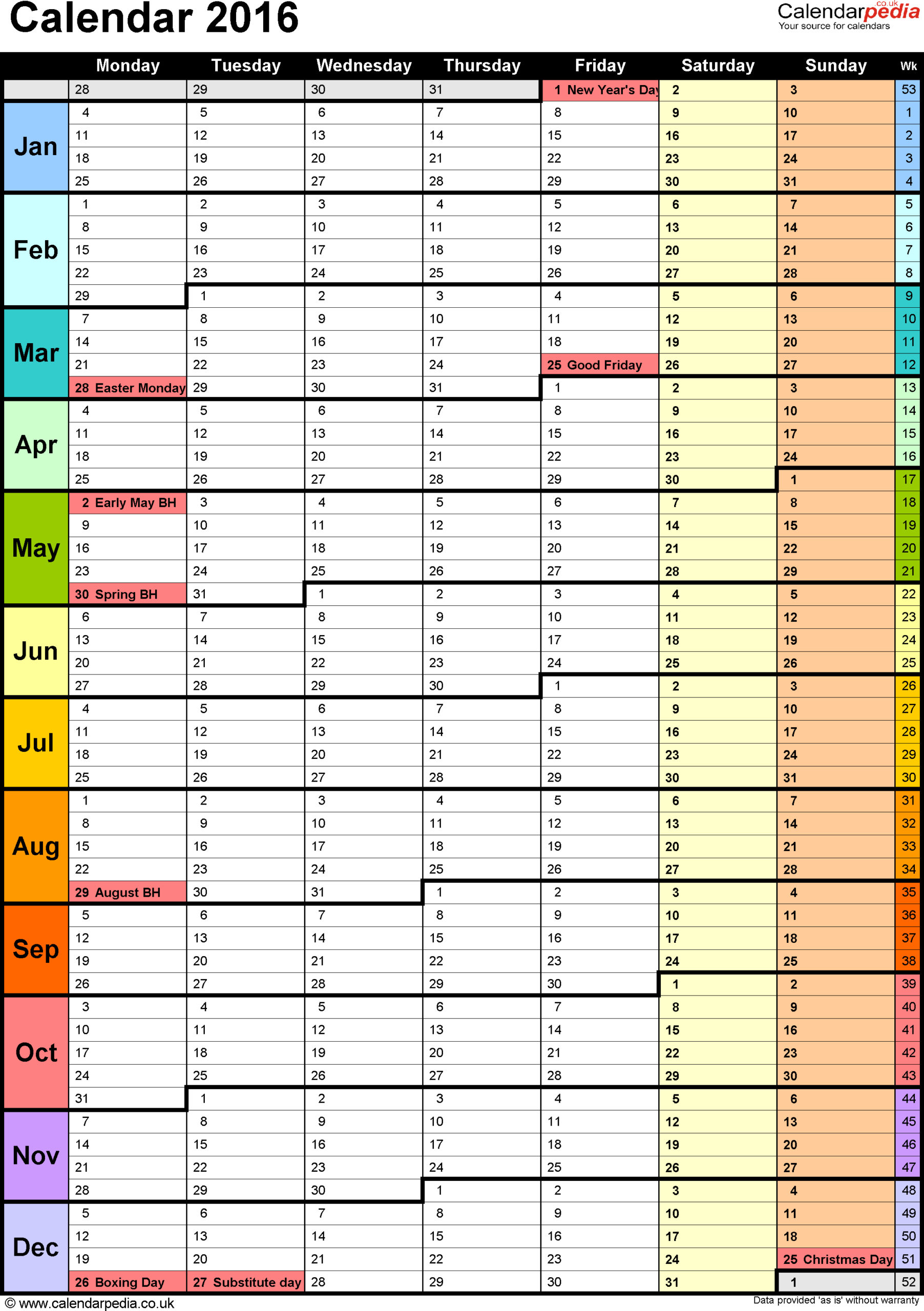 Yearly Calendar Template 2016 Templates Free Printable