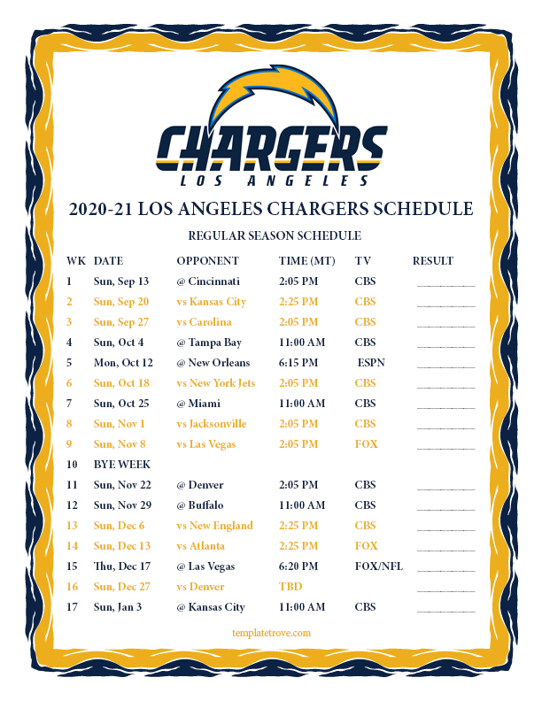 Printable 2020 2021 Los Angeles Chargers Schedule