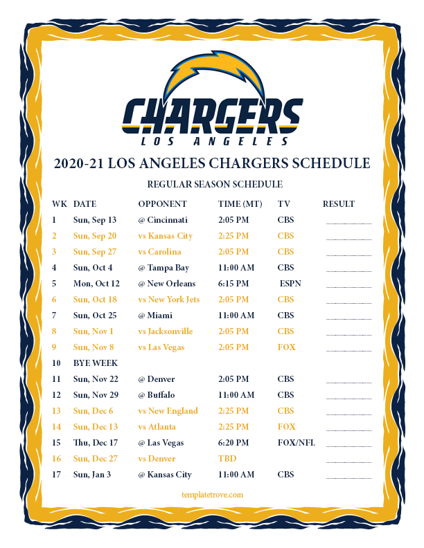 Printable 2020 2025 Los Angeles Chargers Schedule