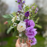 Silk Flower Arrangement In Small Glass Vase Purple Floral