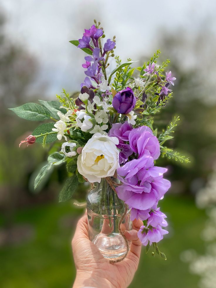 Silk Flower Arrangement In Small Glass Vase Purple Floral 