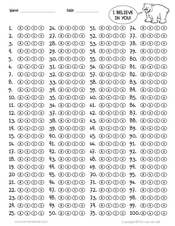 100 Question Answer Sheet Multiple Choice Bubbles Tim 