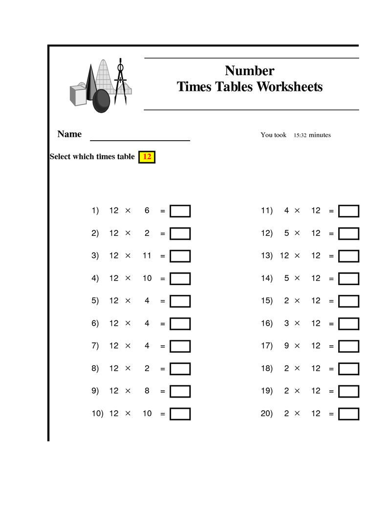 12 Times Table Worksheet To Learn Times Tables 