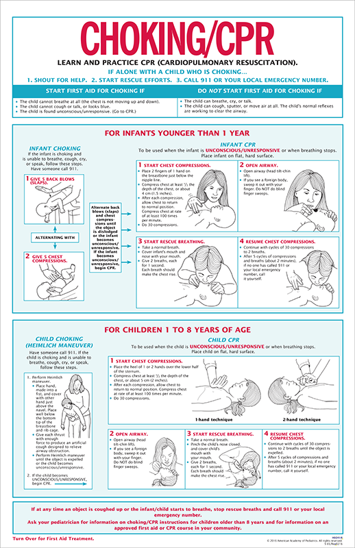 3 in 1 First Aid Choking CPR Chart 100 pk AAP