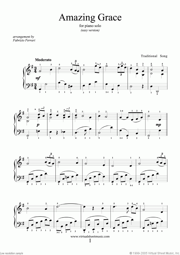 Amazing Grace easy Version Sheet Music For Piano Solo PDF 