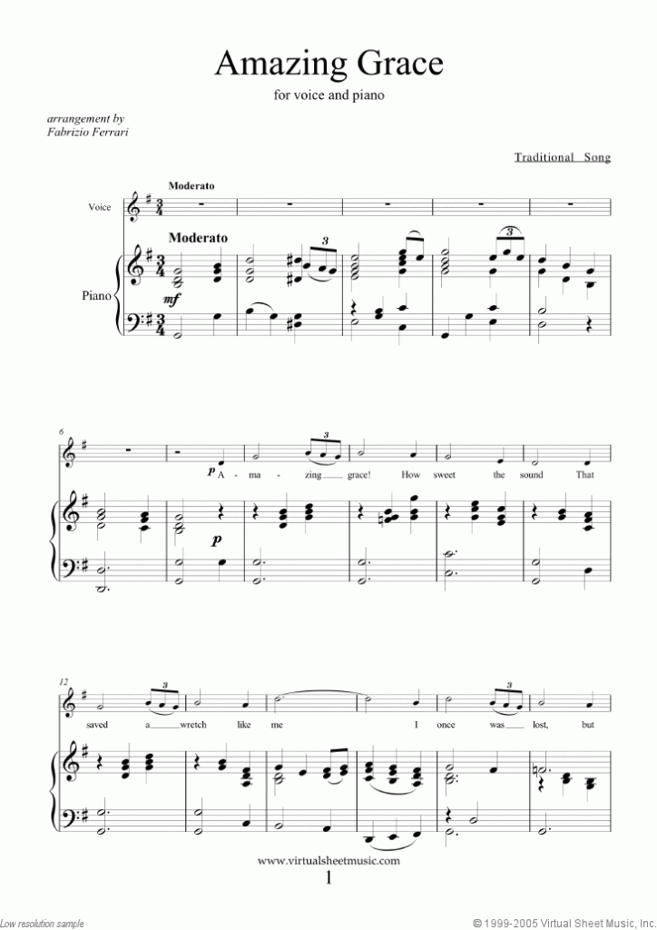 Amazing Grace In G Sheet Music For Voice And Piano PDF
