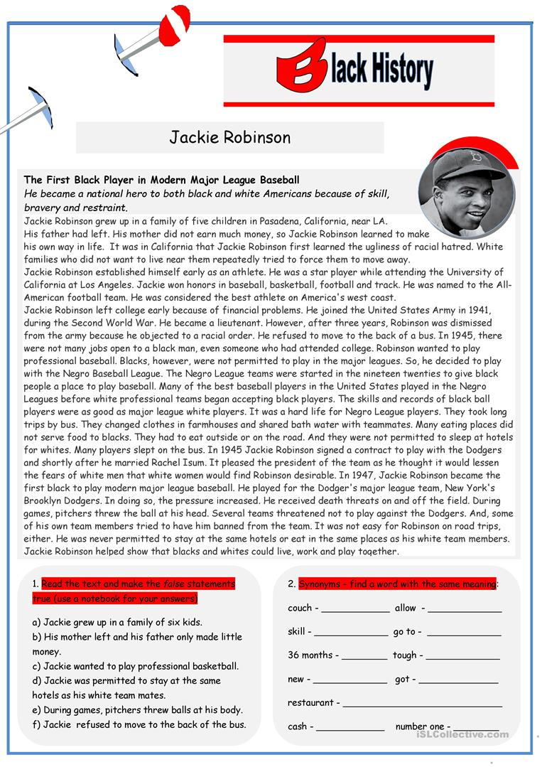 Black History Jackie Robinson 2 Pages Worksheet Free