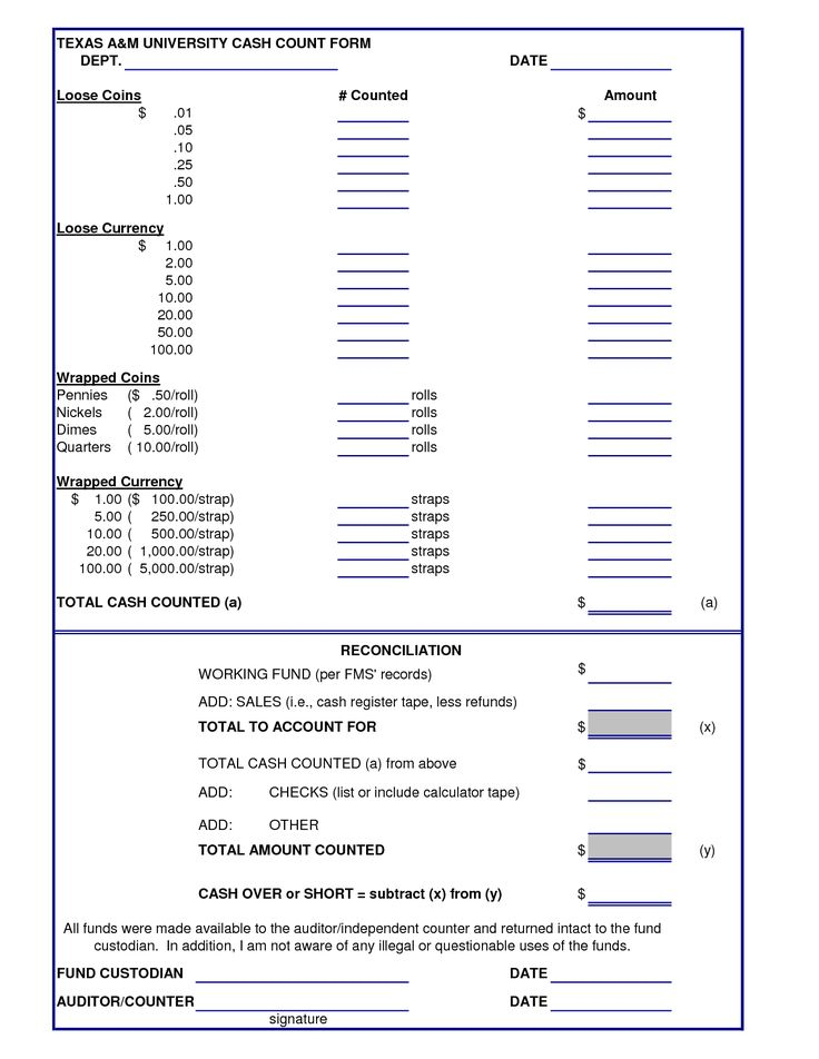 Cash Drawer Count Sheet Excel Money Template Business 