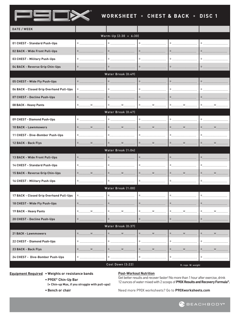 Chest And Back P90x Worksheet Download Printable PDF 