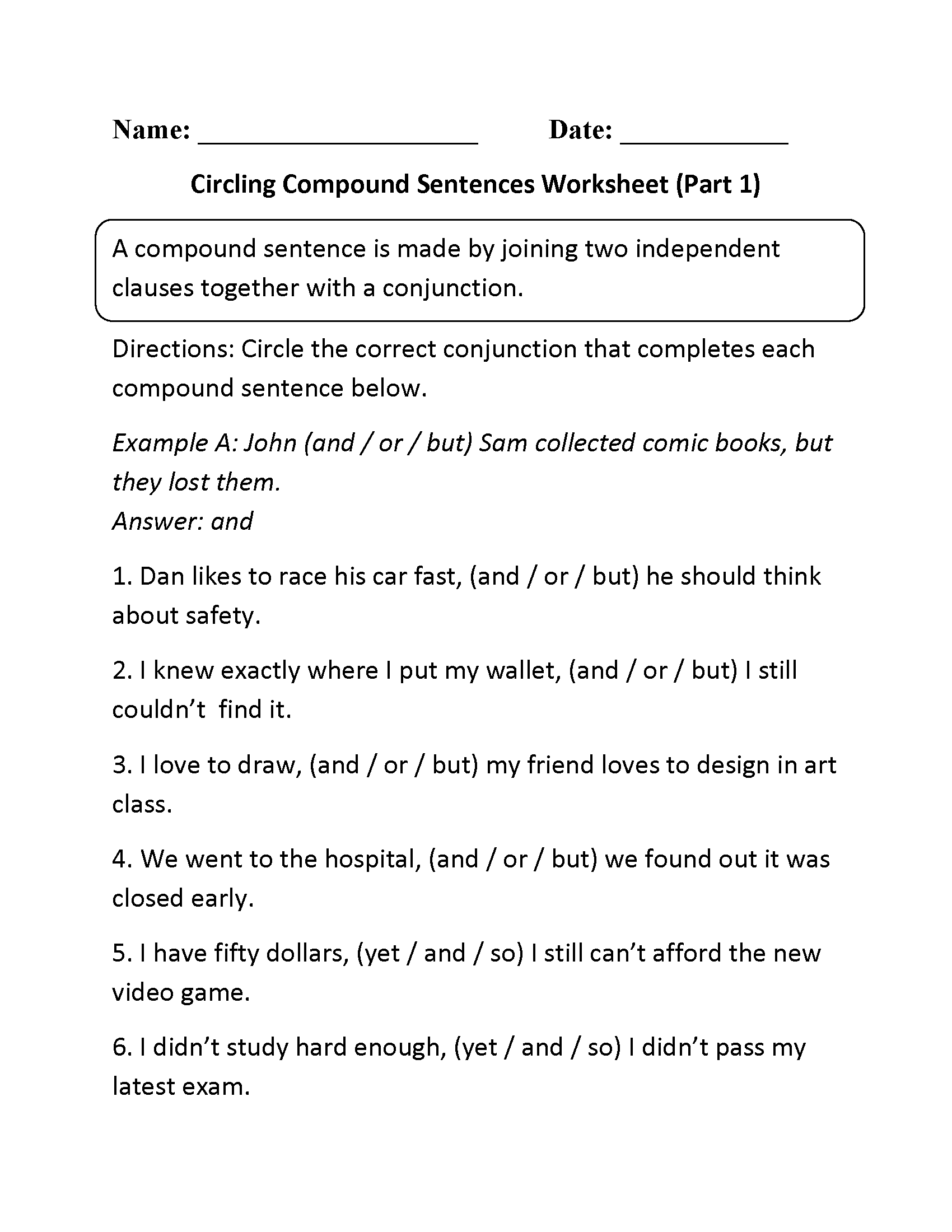 Circling Compound Sentences Worksheet Part 1 Compound 