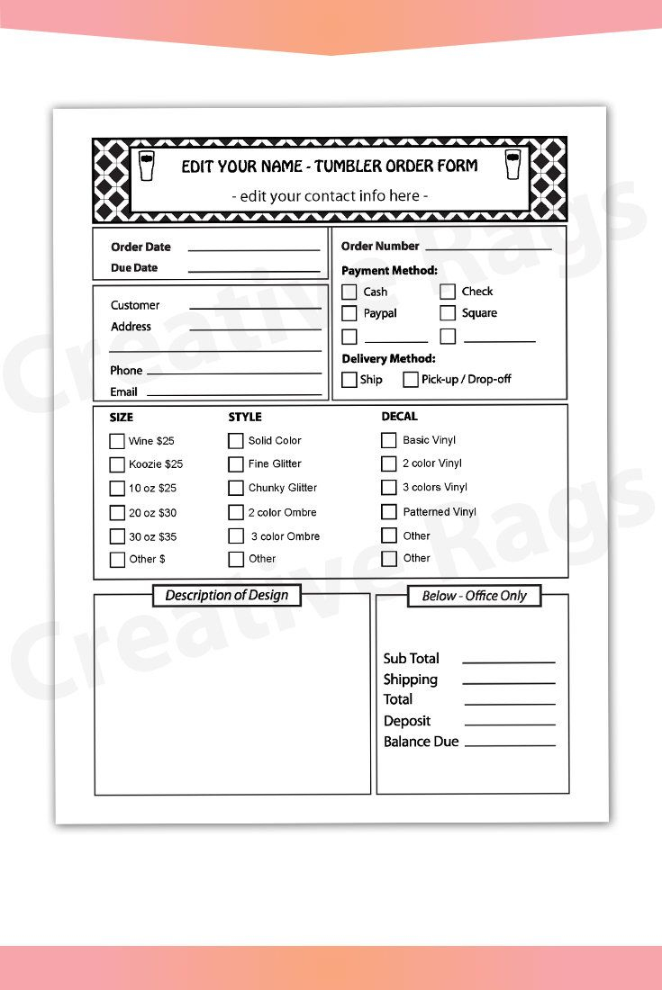 Fillable Editable Text Only PDF TUMBLERS Order Form Vinyl 