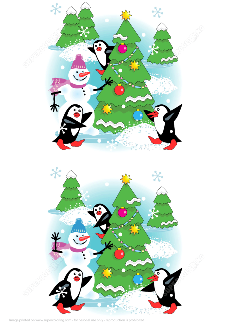 Find 7 Differences Christmas Tree Snowman And Penguins 