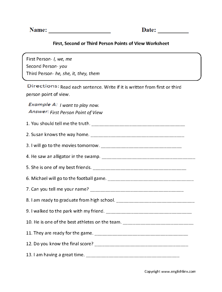 First Second Or Third Person Points Of View Worksheet