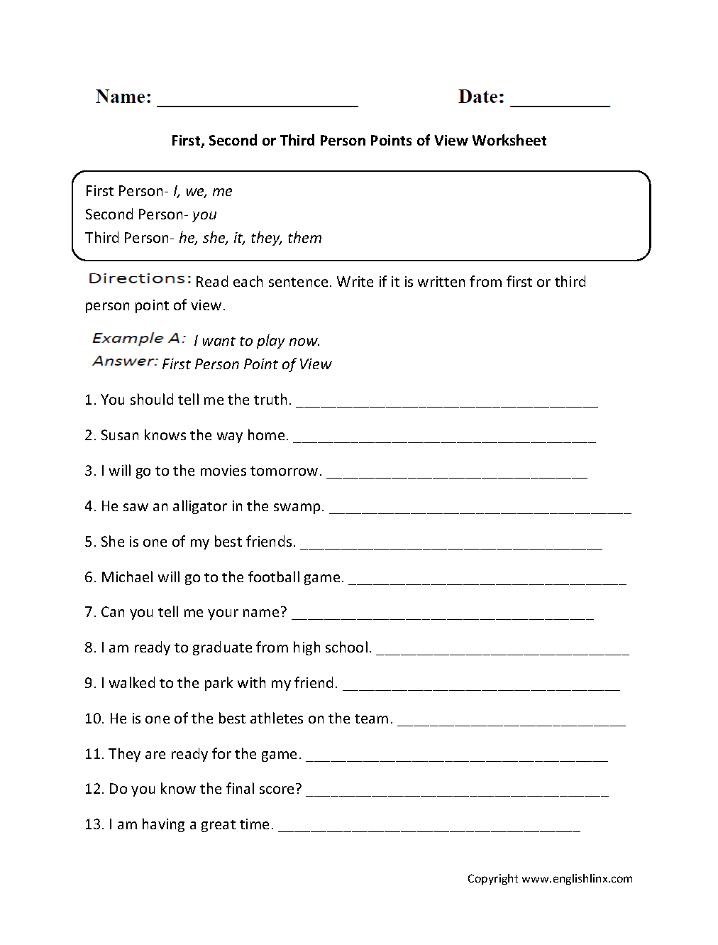 First Second Or Third Person Points Of View Worksheet 