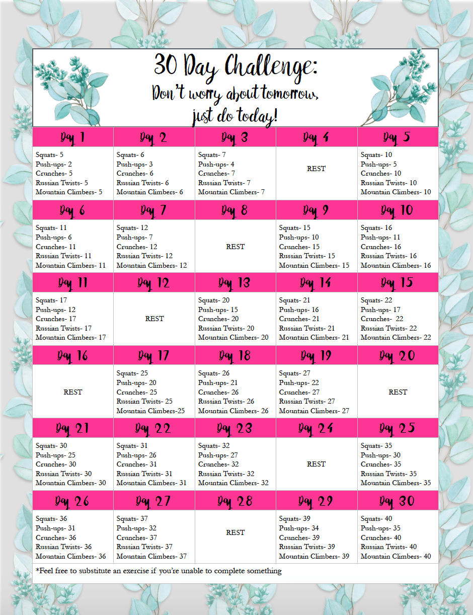 Free Exercise Printable 30 Day Challenge Easy Medium 