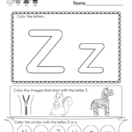 Free Printable Letter Z Coloring Worksheet For Kindergarten