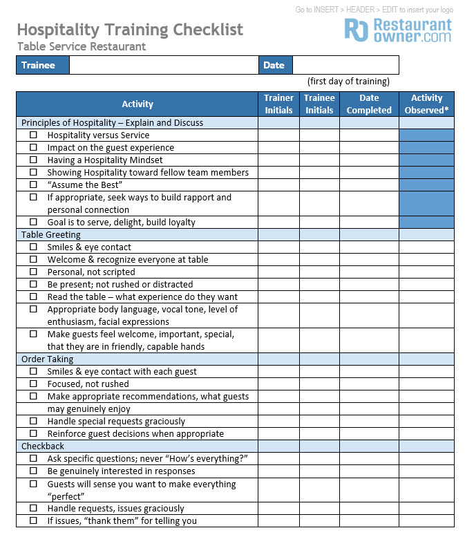 Hospitality Training Checklist
