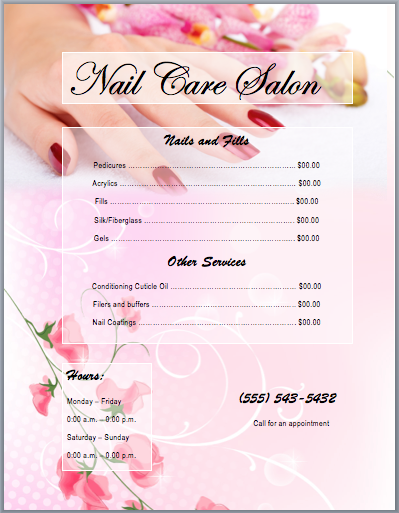 Nail Services Salon Price List Template Free Word Templates