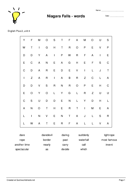 Niagara Falls Words Wordsearch Worksheet Quickworksheets