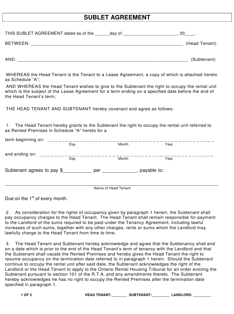 Ontario Canada Sublet Agreement Form Download Printable 