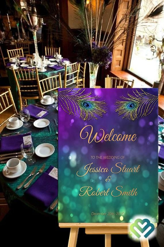 Peacock Wedding Welcome Sign Printable Peacock Purple Gold 
