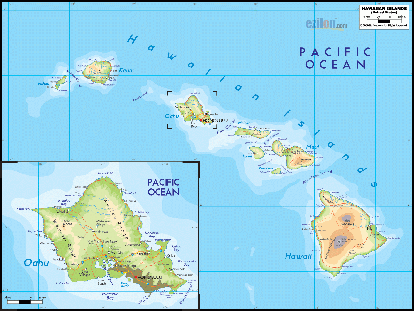 Physical Map Of Hawaii Ezilon Maps