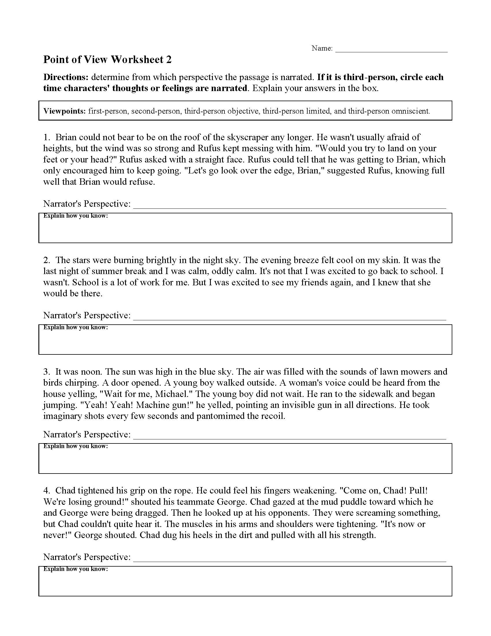 Point Of View Worksheet 2 Preview